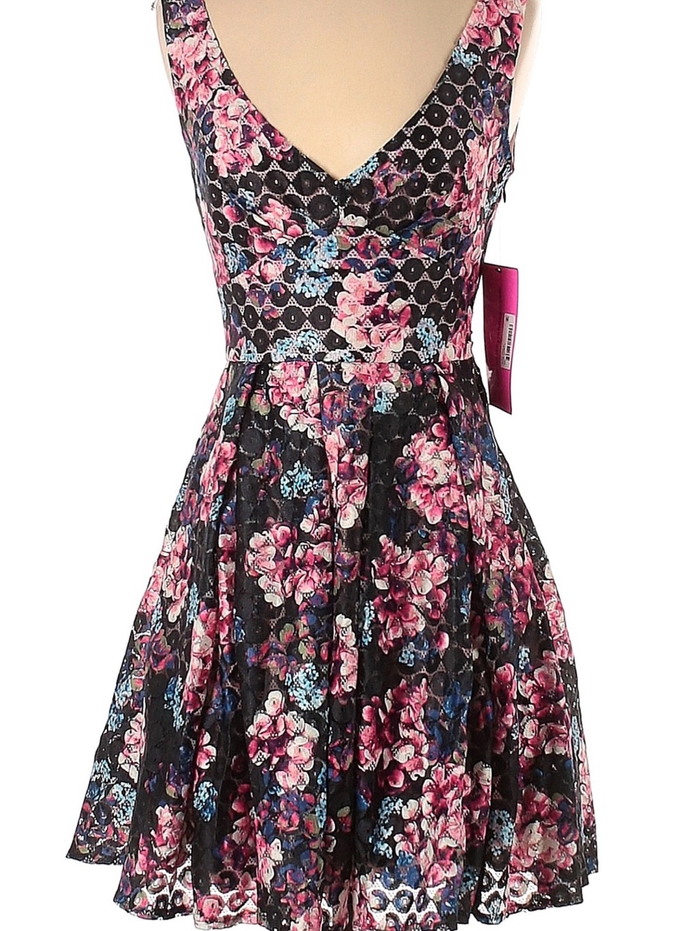 Betsey Johnson Black Floral Lace Fit-and-Flare Dress with Pink and Blue Blooms